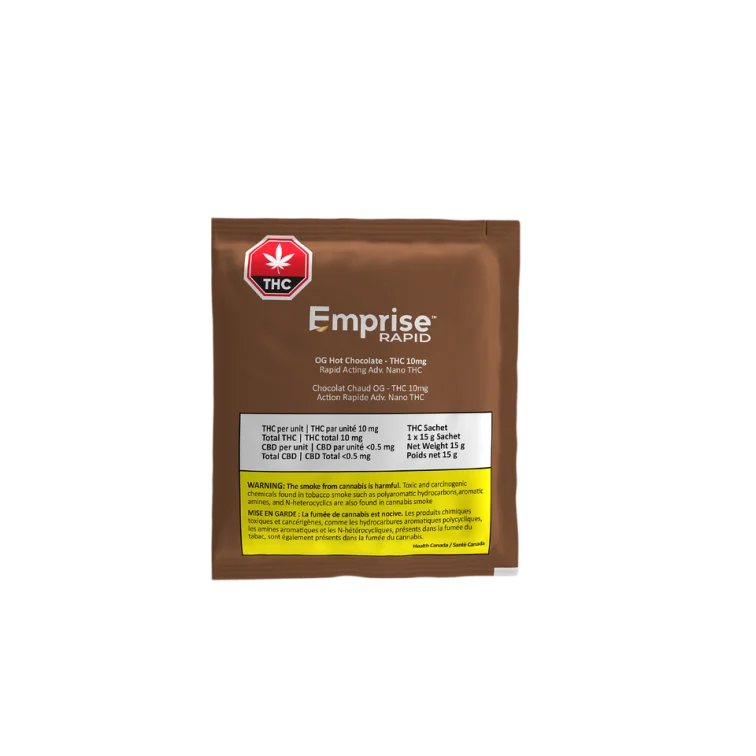 Brown sachet packaging for Emprise Rapid OG Hot Chocolate THC 10mg drink mix, shown flat with ingredient panel.