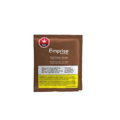 Brown sachet packaging for Emprise Rapid OG Hot Chocolate THC 10mg drink mix, shown flat with ingredient panel.