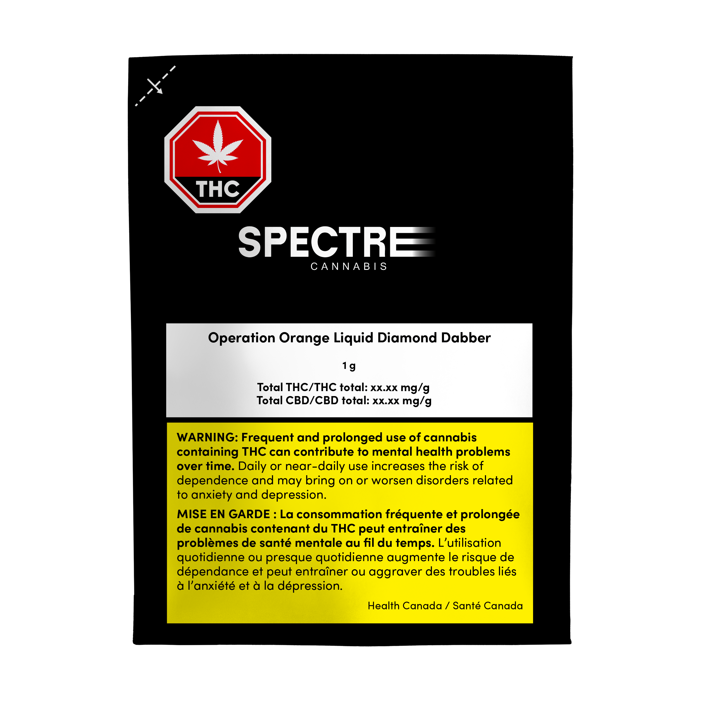 Black Spectre Cannabis package label for Operation Orange Liquid Diamond Dabber, showing net weight, THC/CBD totals, and a Health Canada cannabis warning.