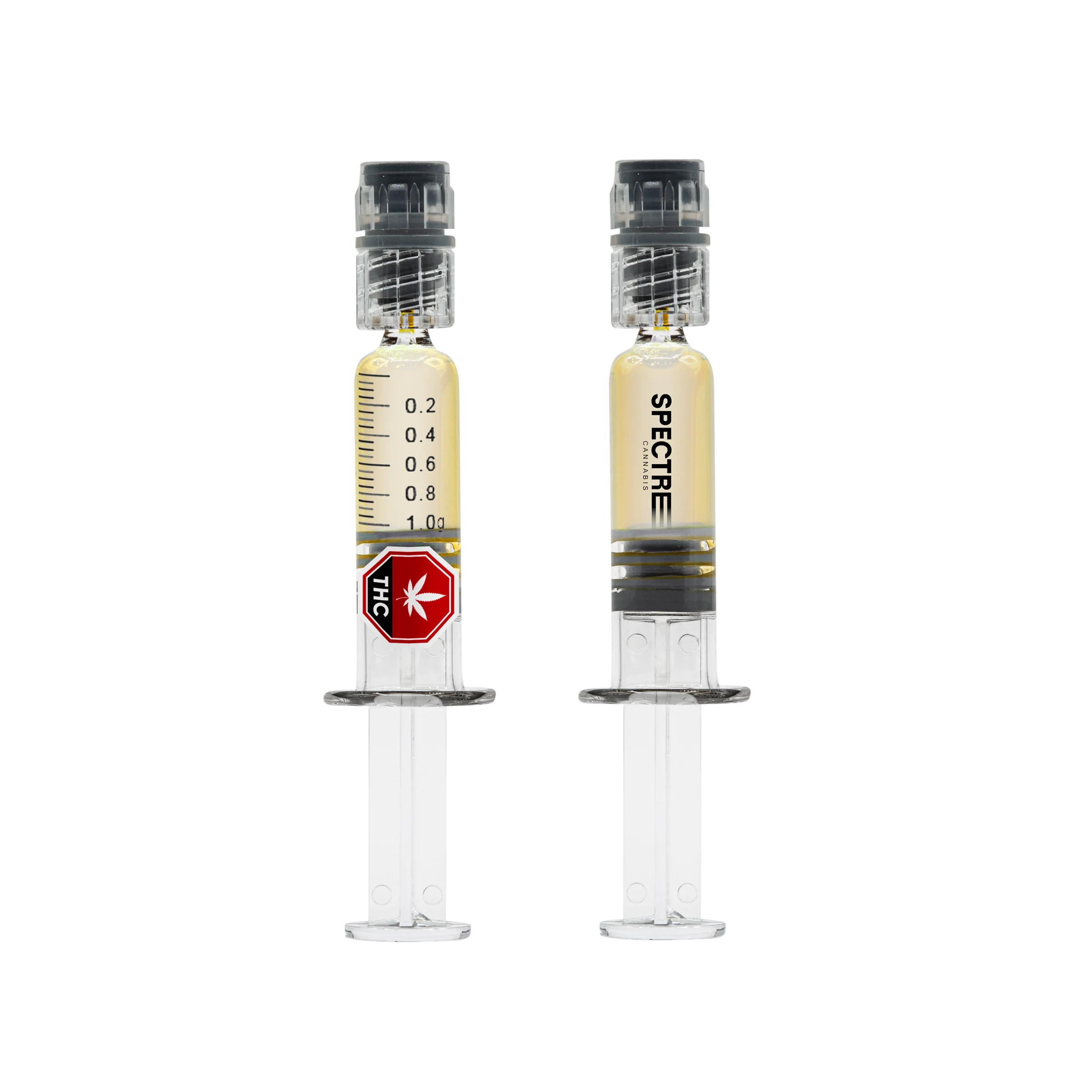 Pair of glass dabber syringes filled with amber liquid diamond concentrate, one printed with a 1.0 g scale and THC stop-sign symbol.