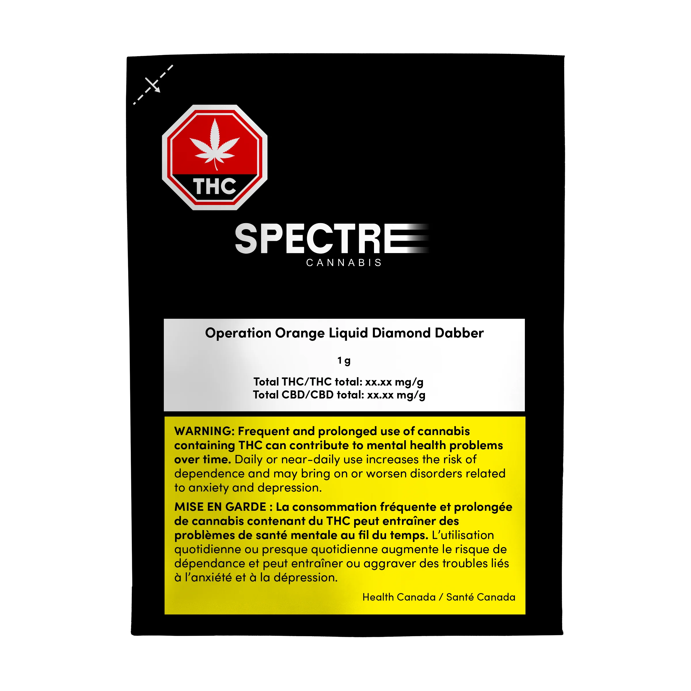 Spectre Cannabis packaging front for Operation Orange Liquid Diamond Dabber, black background with THC symbol and Health Canada warning text.