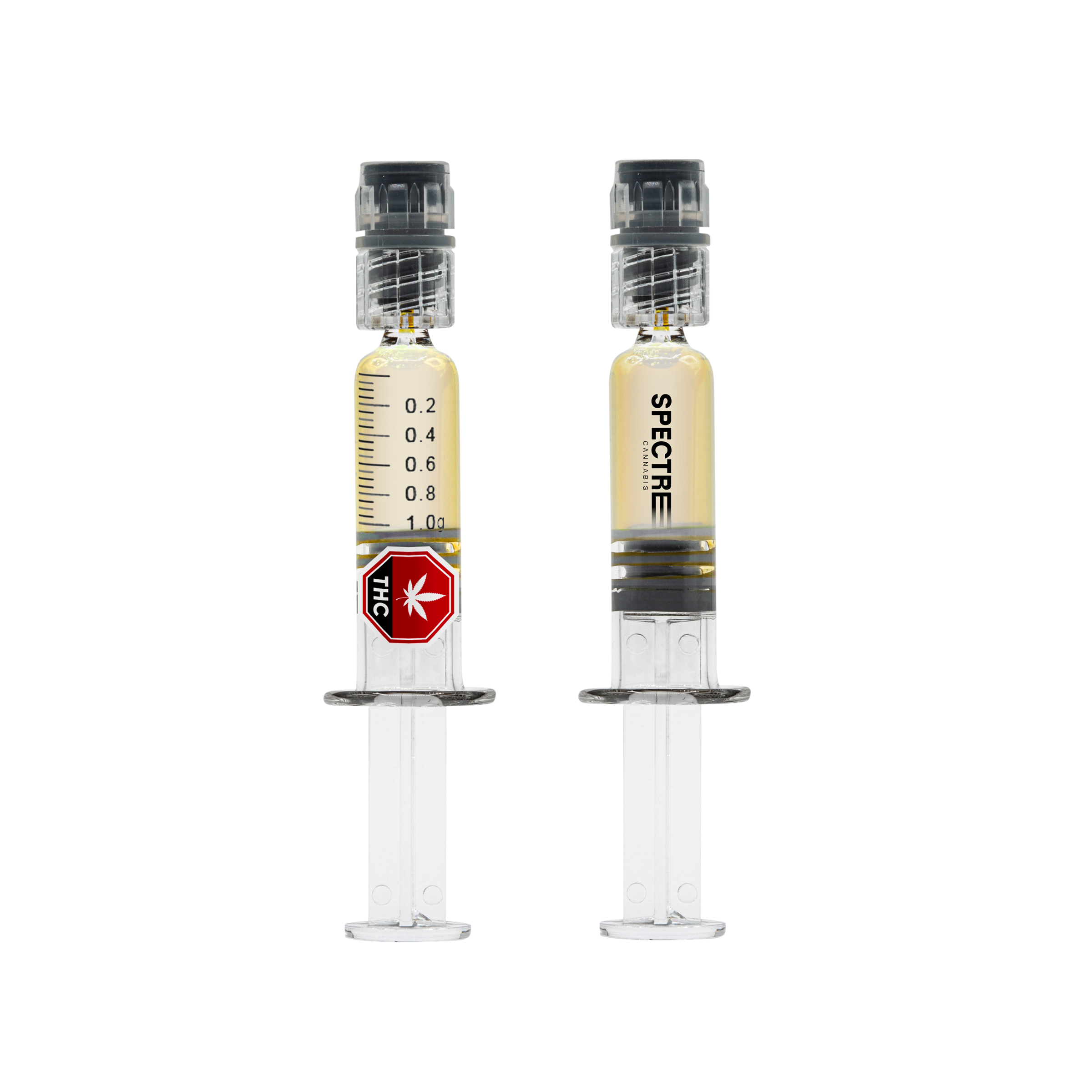 Two glass dab applicator syringes of amber Operation Orange Liquid Diamond Dabber concentrate, one marked with a 1.0 g dosage scale and THC symbol, branded Spectre Cannabis.