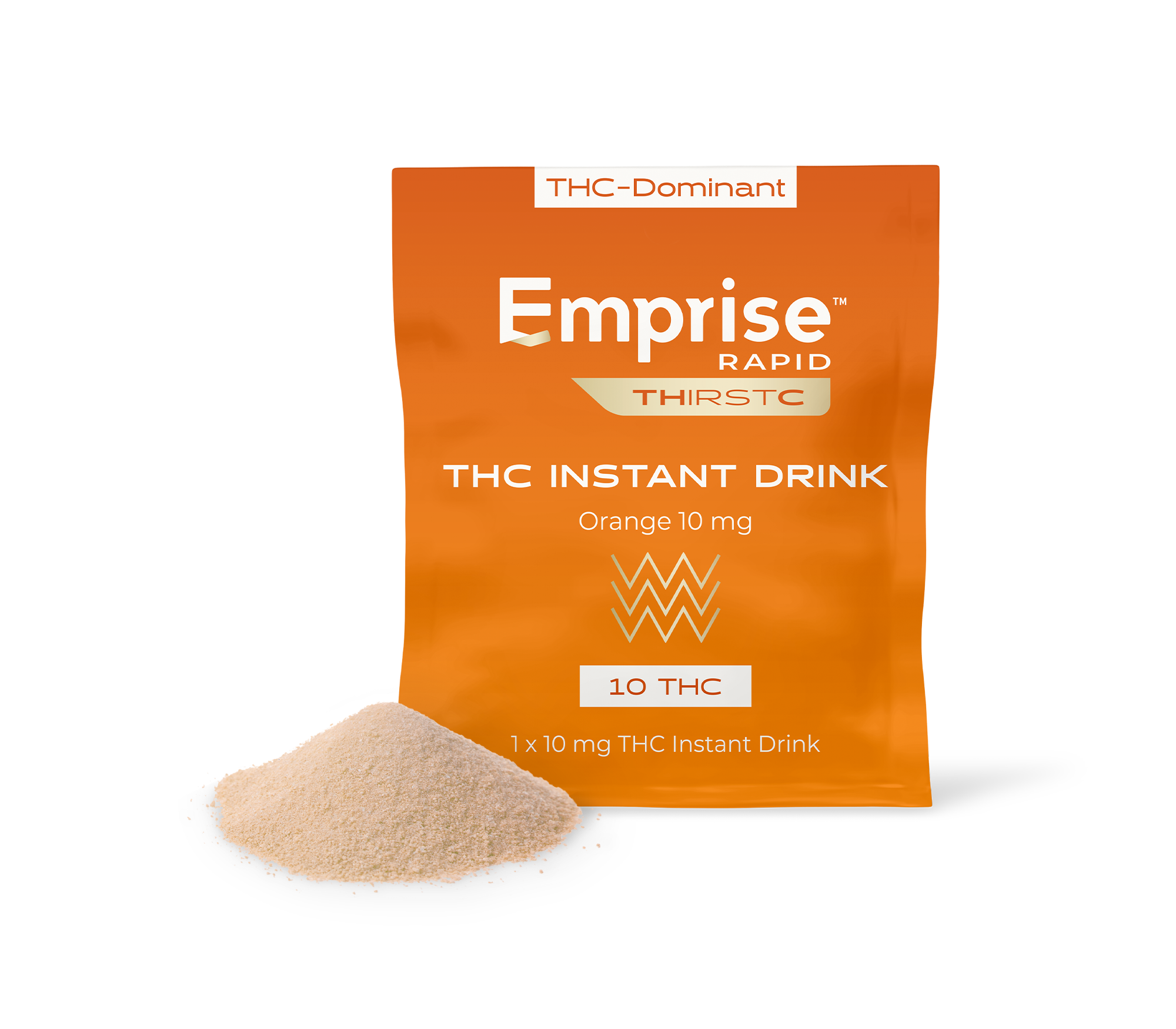 Orange Emprise Rapid Thirstc packet for Orange 10 mg THC Instant Drink, with a mound of tan powder poured in front.