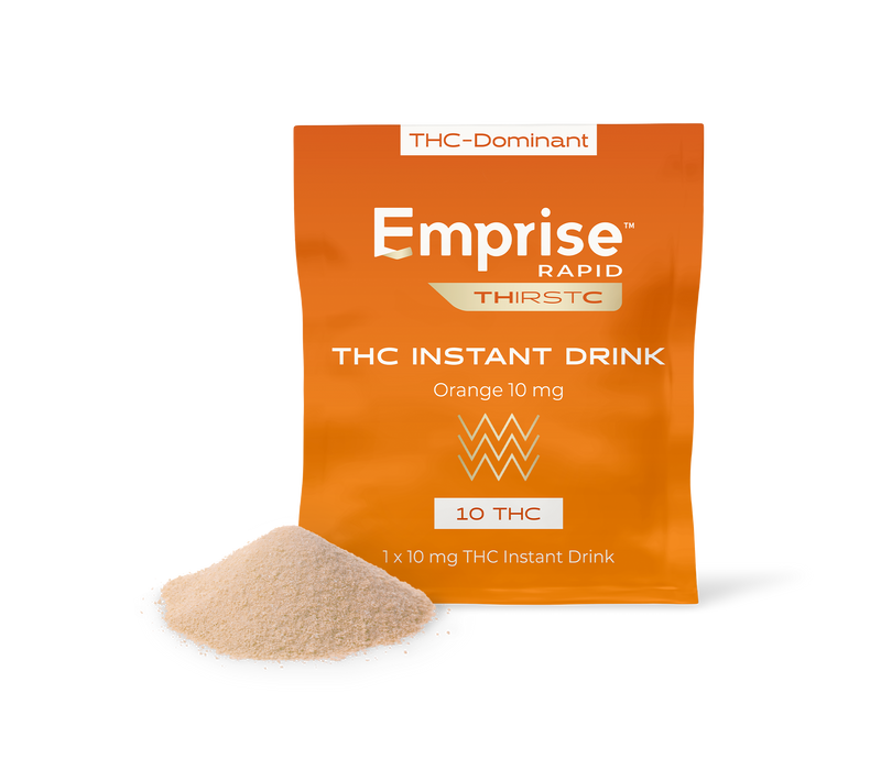 Orange Emprise Rapid Thirstc packet for Orange 10 mg THC Instant Drink, with a mound of tan powder poured in front.