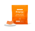 Orange Emprise Rapid packaging pouch for a 10 mg THC Sativa gummy, with a single orange gummy piece displayed in front on a round stand.