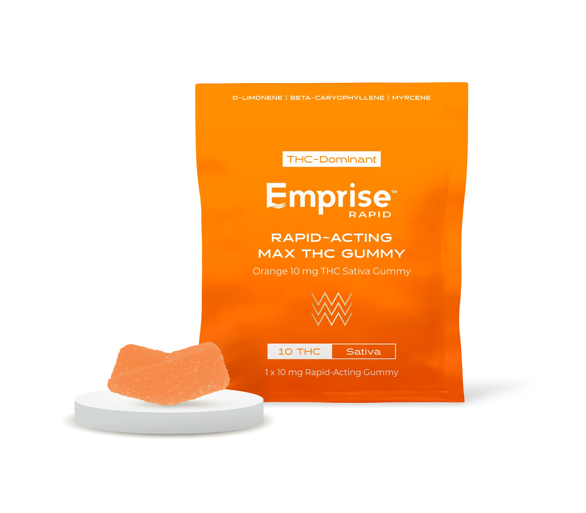 Orange Emprise Rapid packaging pouch for a 10 mg THC Sativa gummy, with a single orange gummy piece displayed in front on a round stand.