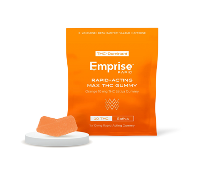 Orange Emprise Rapid packaging pouch for a 10 mg THC Sativa gummy, with a single orange gummy piece displayed in front on a round stand.