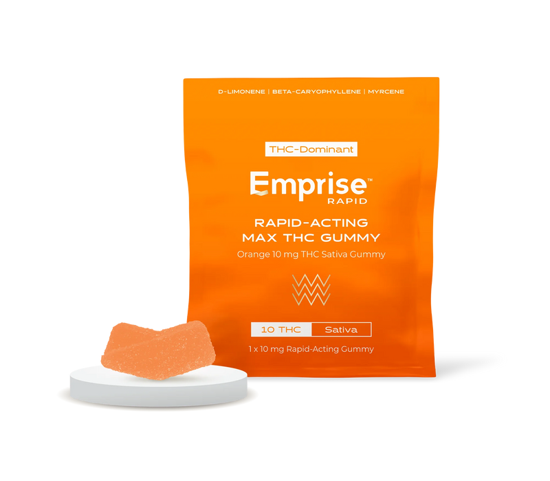 Orange Emprise Rapid packaging pouch for a 10 mg THC Sativa gummy, with a single orange gummy piece displayed in front on a round stand.