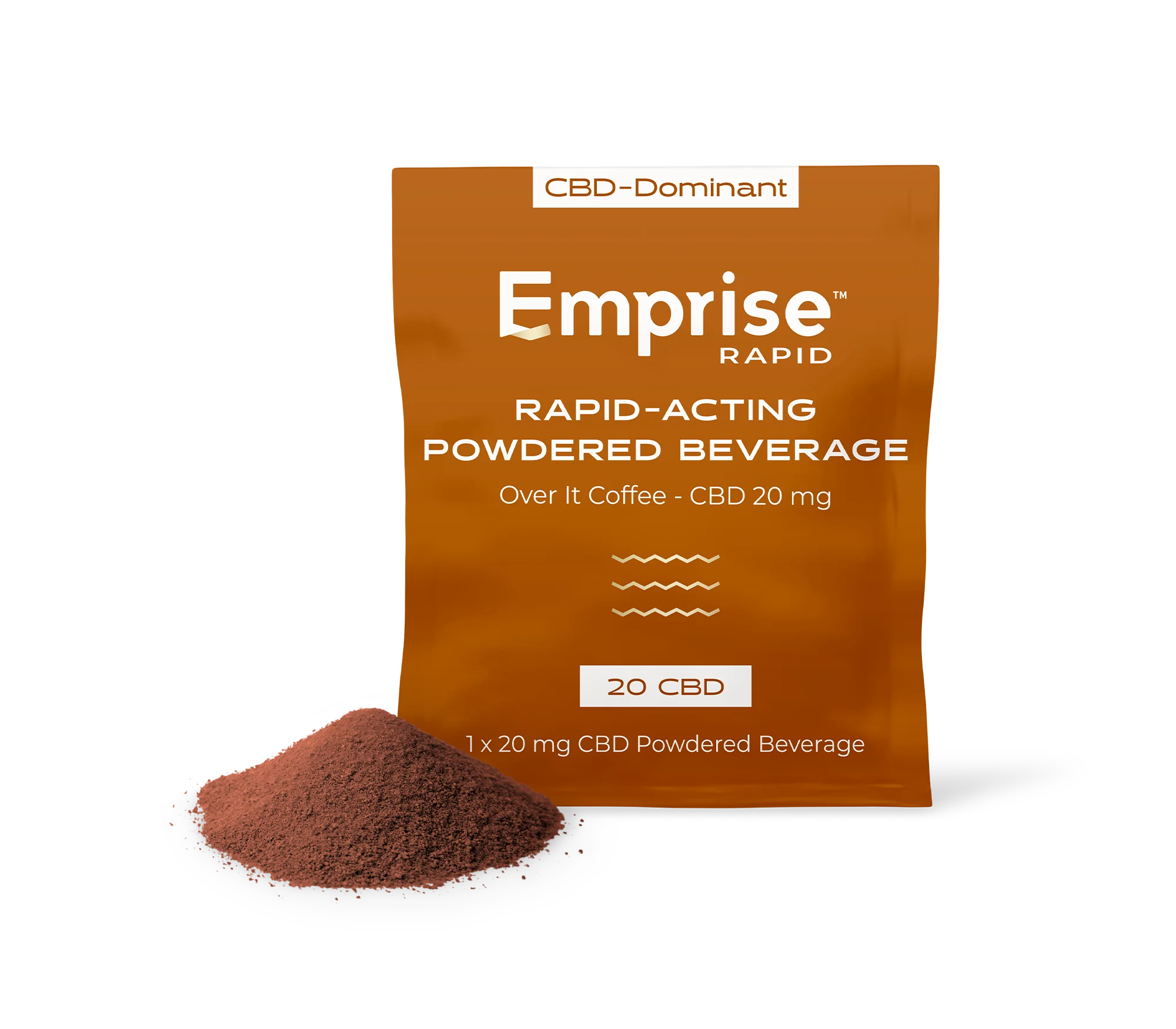 Copper-colored Emprise Rapid pouch for Over It Coffee CBD 20mg beside a pile of brown powdered beverage mix