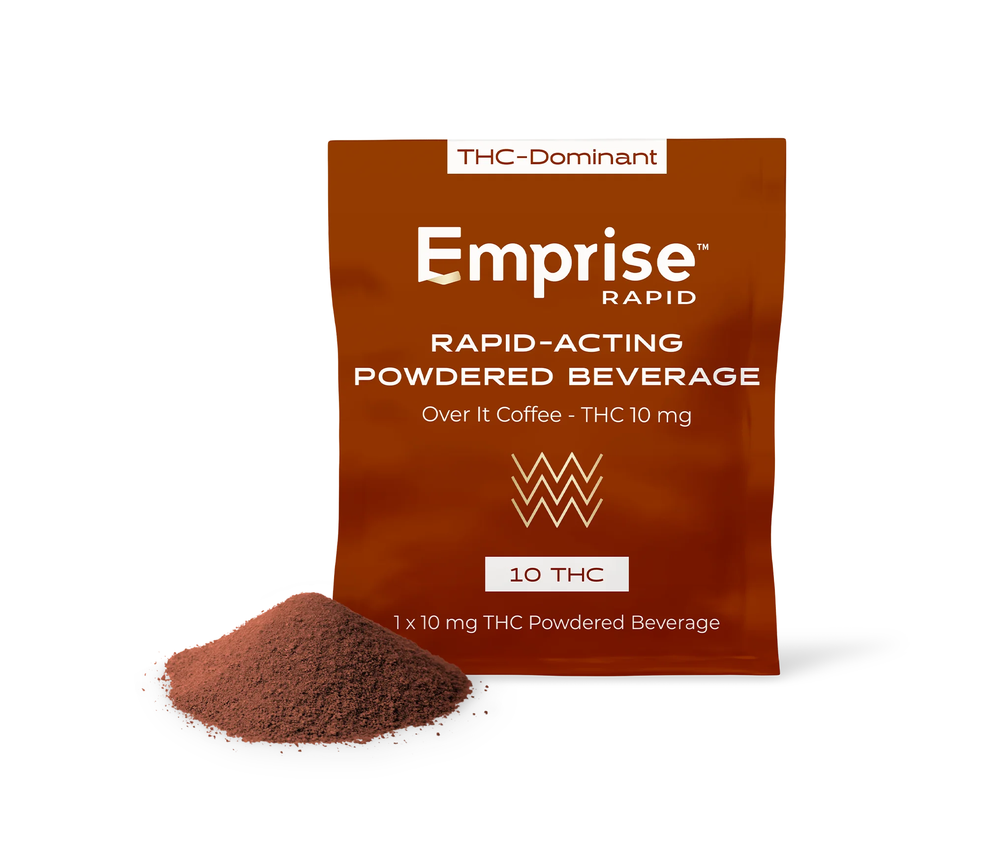 Copper packet of Emprise Rapid Over It Coffee THC powdered beverage beside a pile of the brown powder.