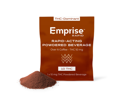 Copper packet of Emprise Rapid Over It Coffee THC powdered beverage beside a pile of the brown powder.