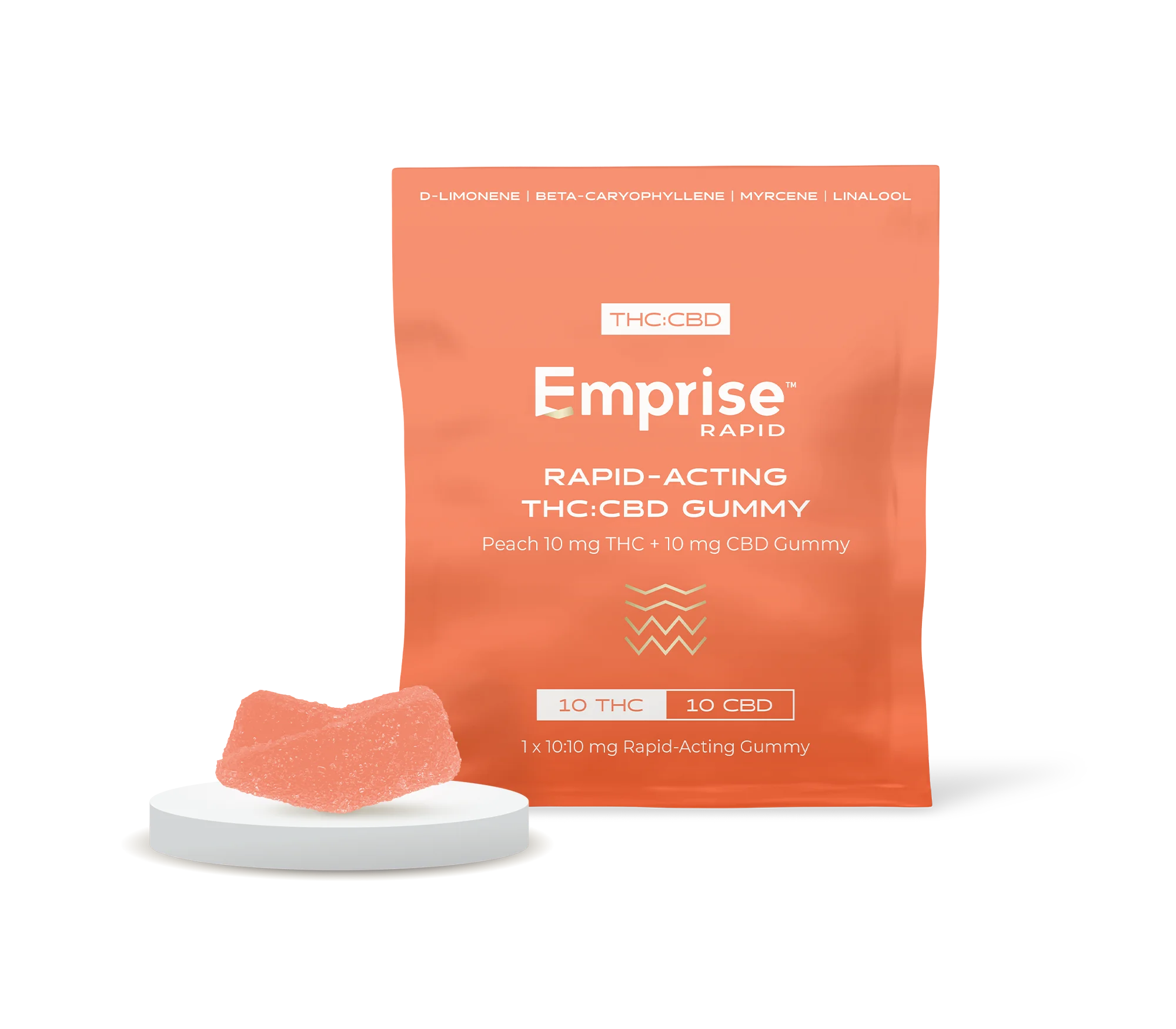 Orange Emprise Rapid packet for a Peach 10 mg THC + 10 mg CBD rapid-acting gummy, with the peach-colored gummy piece displayed in front.