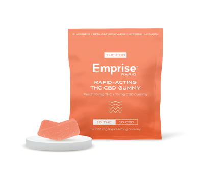 Orange Emprise Rapid packet for a Peach 10 mg THC + 10 mg CBD rapid-acting gummy, with the peach-colored gummy piece displayed in front.