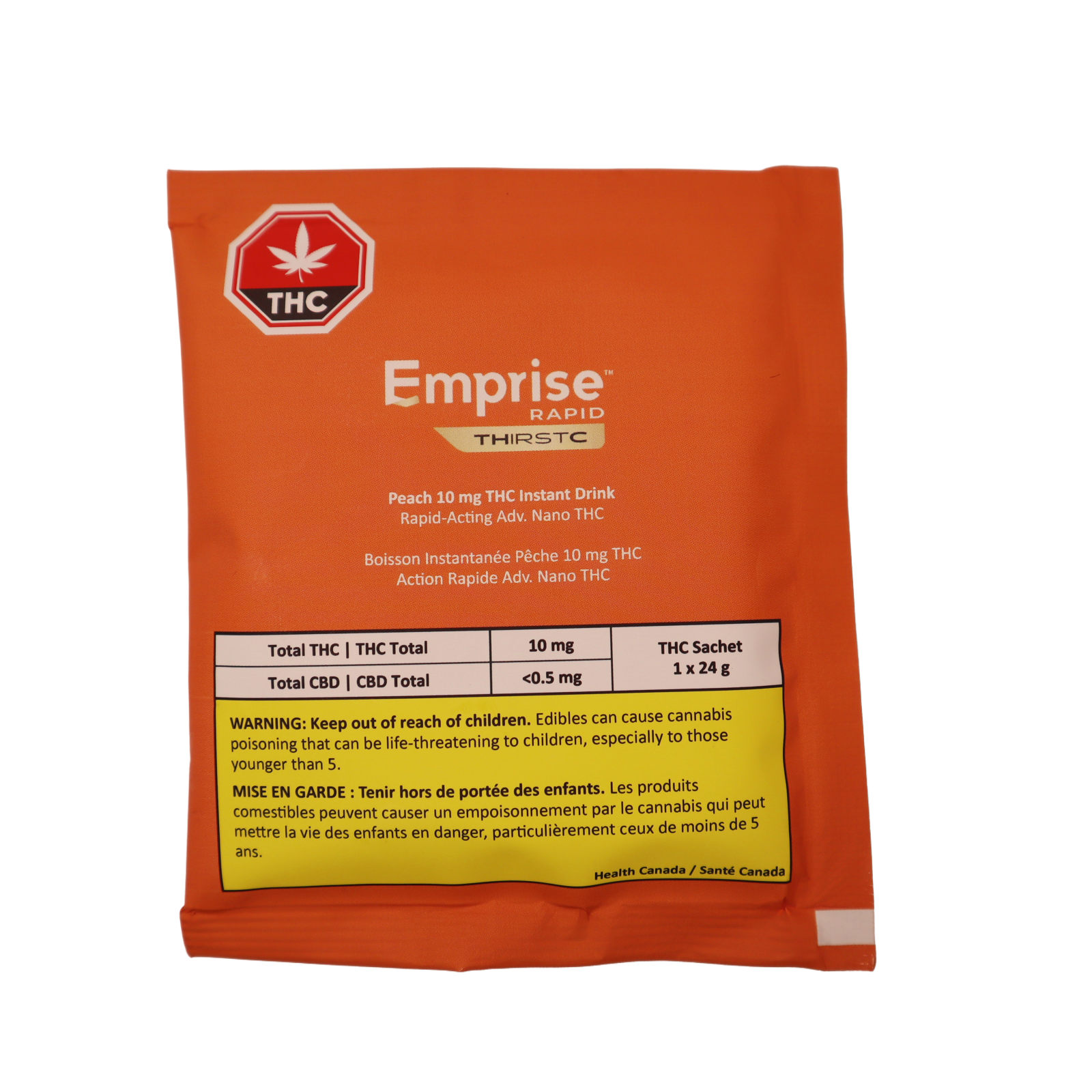 Back of the orange Peach 10 mg THC Instant Drink sachet showing the THC/CBD content table and Health Canada child-safety warning.