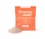 Orange Emprise Rapid Thirstc THC Instant Drink packet, Peach 10 mg, with a small pile of pink powder poured in front.