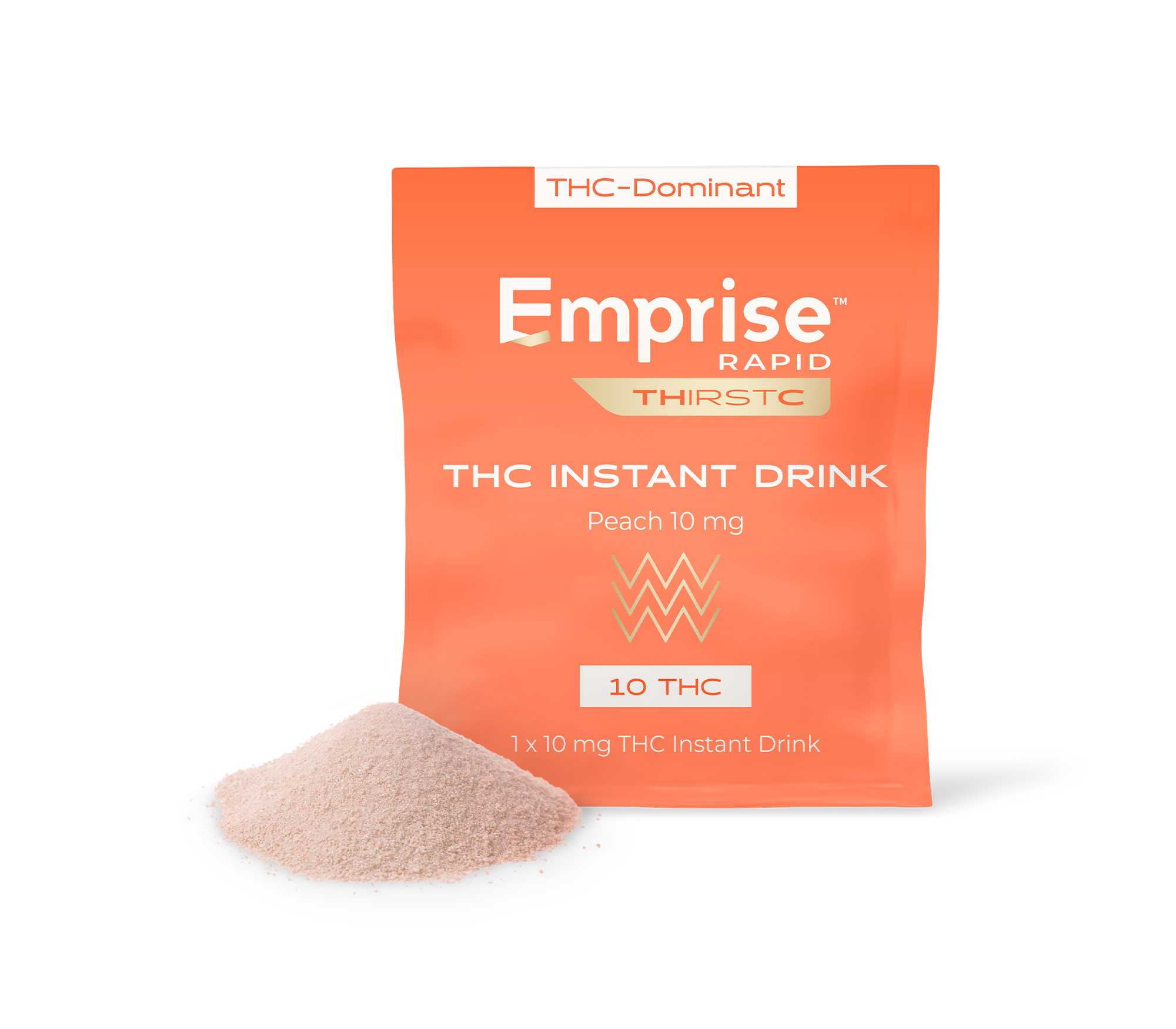 Orange Emprise Rapid Thirstc THC Instant Drink packet, Peach 10 mg, with a small pile of pink powder poured in front.
