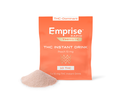 Orange Emprise Rapid Thirstc THC Instant Drink packet, Peach 10 mg, with a small pile of pink powder poured in front.