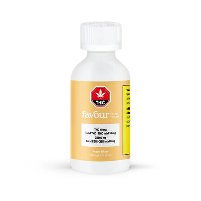White bottle with screw cap and orange Favour Peach Mixer label listing 10 mg THC content.