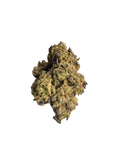 Close-up of a dense cannabis flower bud with light and dark green hues against a black background.