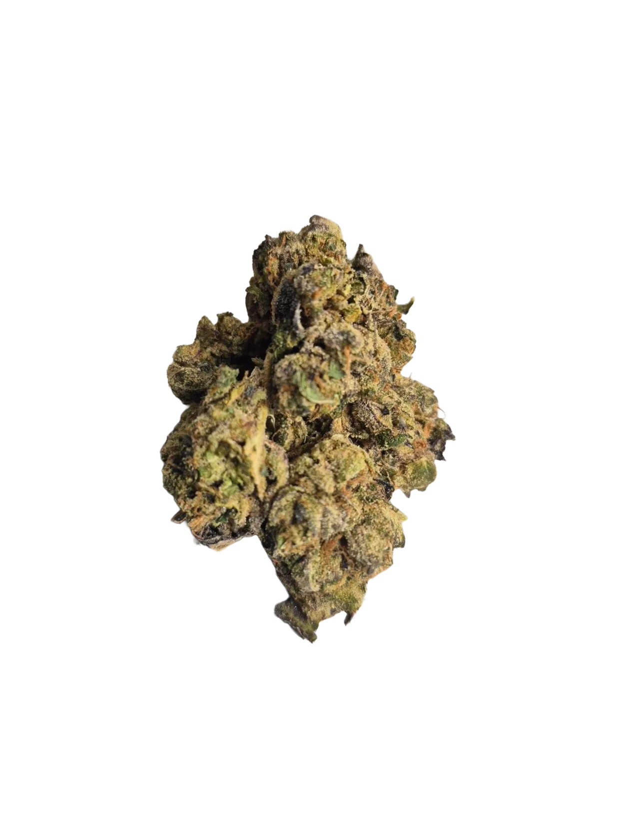 Close-up of a dense cannabis flower bud with light and dark green hues against a black background.
