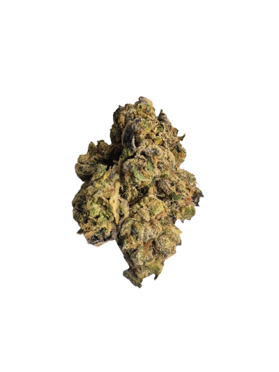 Close-up of a dense cannabis flower bud with light and dark green hues against a black background.