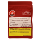 Red Balcony Premium Edibles packaging bag labeled Peanut Butter THC Bites, listing THC content and an ingestion warning.