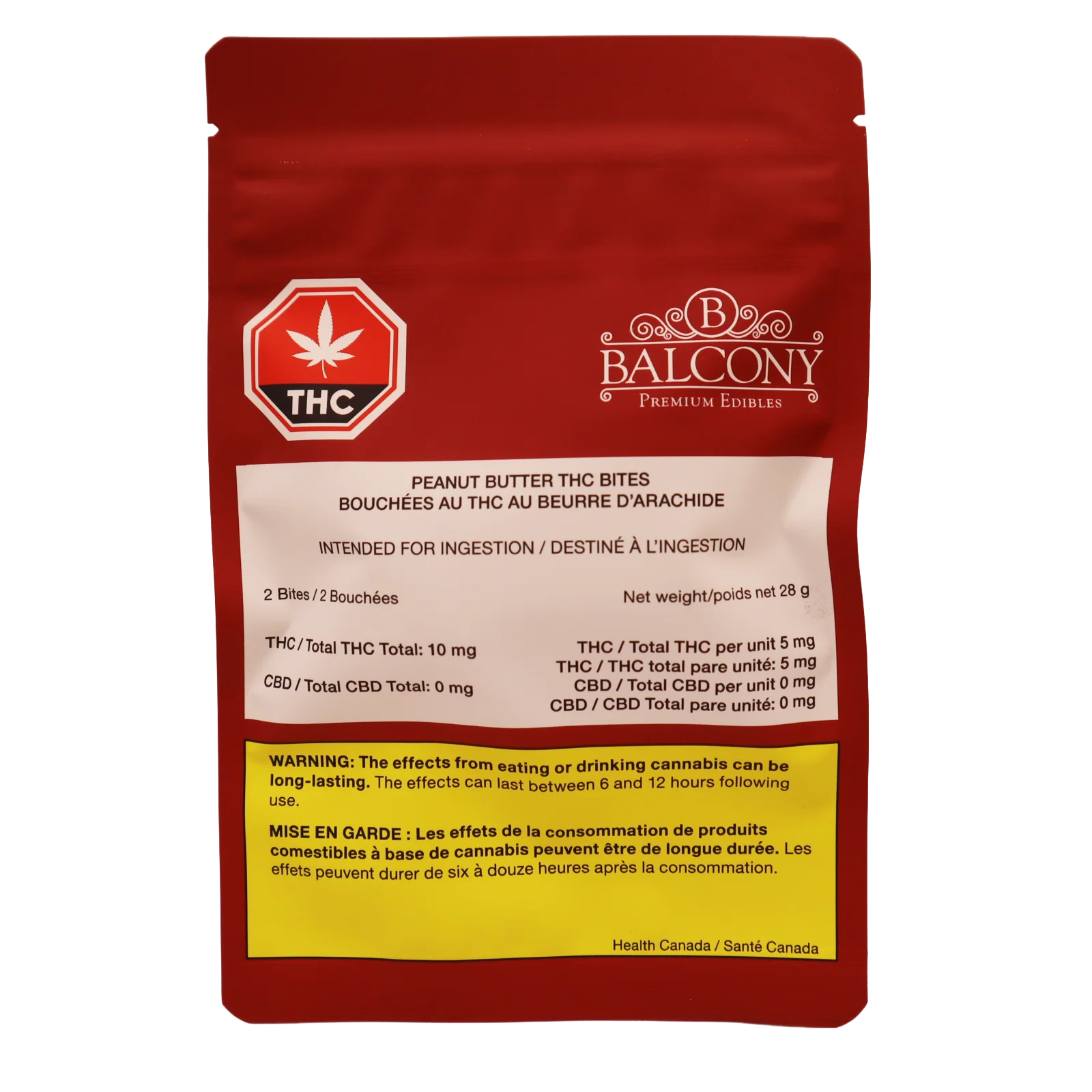Red Balcony Premium Edibles packaging bag labeled Peanut Butter THC Bites, listing THC content and an ingestion warning.
