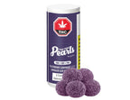 Purple cylindrical container labeled Sugar-Coated Pearls by gron, Blackberry Lemonade 1:1:1, next to five loose purple gummies.