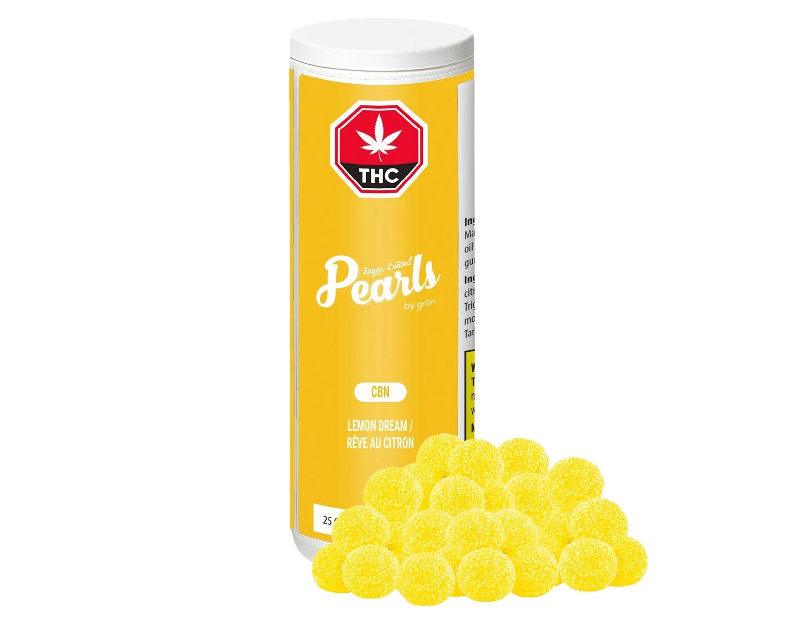 Yellow cylindrical container labeled Pearls by Grön Lemon Dream CBN beside a pile of sugar-coated yellow candy pearls.