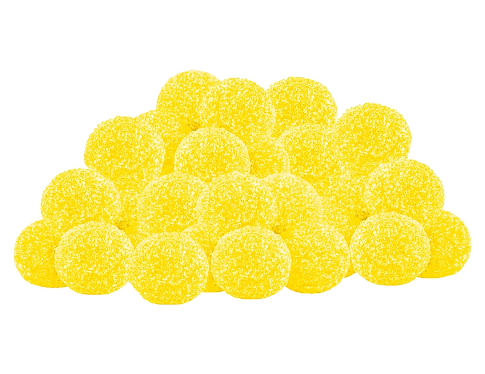 Pile of small round yellow sugar-coated cannabis pearls for Lemon Dream CBN.