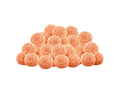 Pile of round, sugar-coated orange CBD gummies.