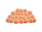 Pile of round, sugar-coated orange CBD gummies.
