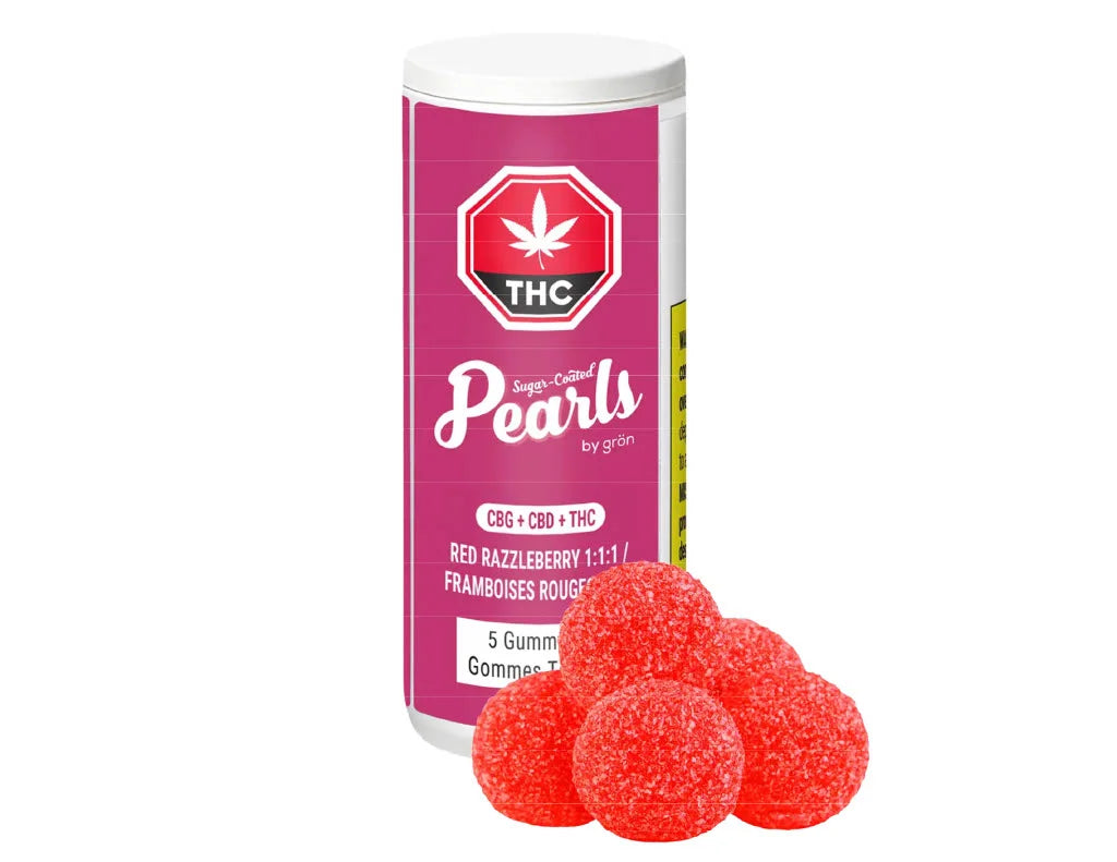 Magenta tube container for Pearls by Gron Red Razzleberry 1:1:1 CBG/CBD/THC gummies, with red sugar-coated pearls displayed in front.