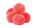 Pile of round, sugar-coated red Sour Cherry Bliss gummies.