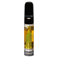 Vape cartridge with a black mouthpiece and clear chamber of golden oil, printed with a green fingerprint logo and Jonny Chronic branding.