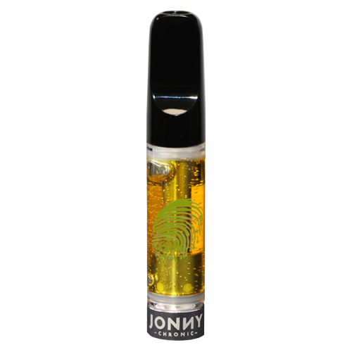 Vape cartridge with a black mouthpiece and clear chamber of golden oil, printed with a green fingerprint logo and Jonny Chronic branding.