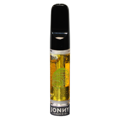 Vape cartridge with a black mouthpiece and clear chamber of golden oil, printed with a green fingerprint logo and Jonny Chronic branding.