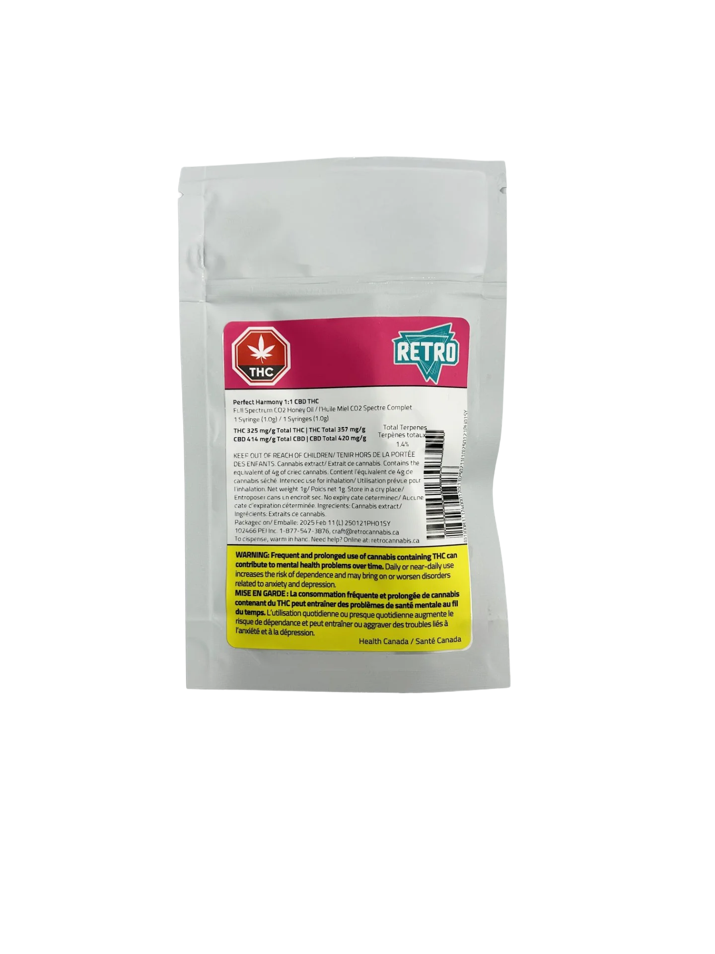 White stand-up pouch with a pink Retro-branded label reading Perfect Harmony 1:1 CBD THC Full Spectrum Honey Oil, showing THC/CBD content and a warning.