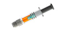 Glass oil syringe with a black plunger and orange Retro-branded label, filled with amber cannabis oil.