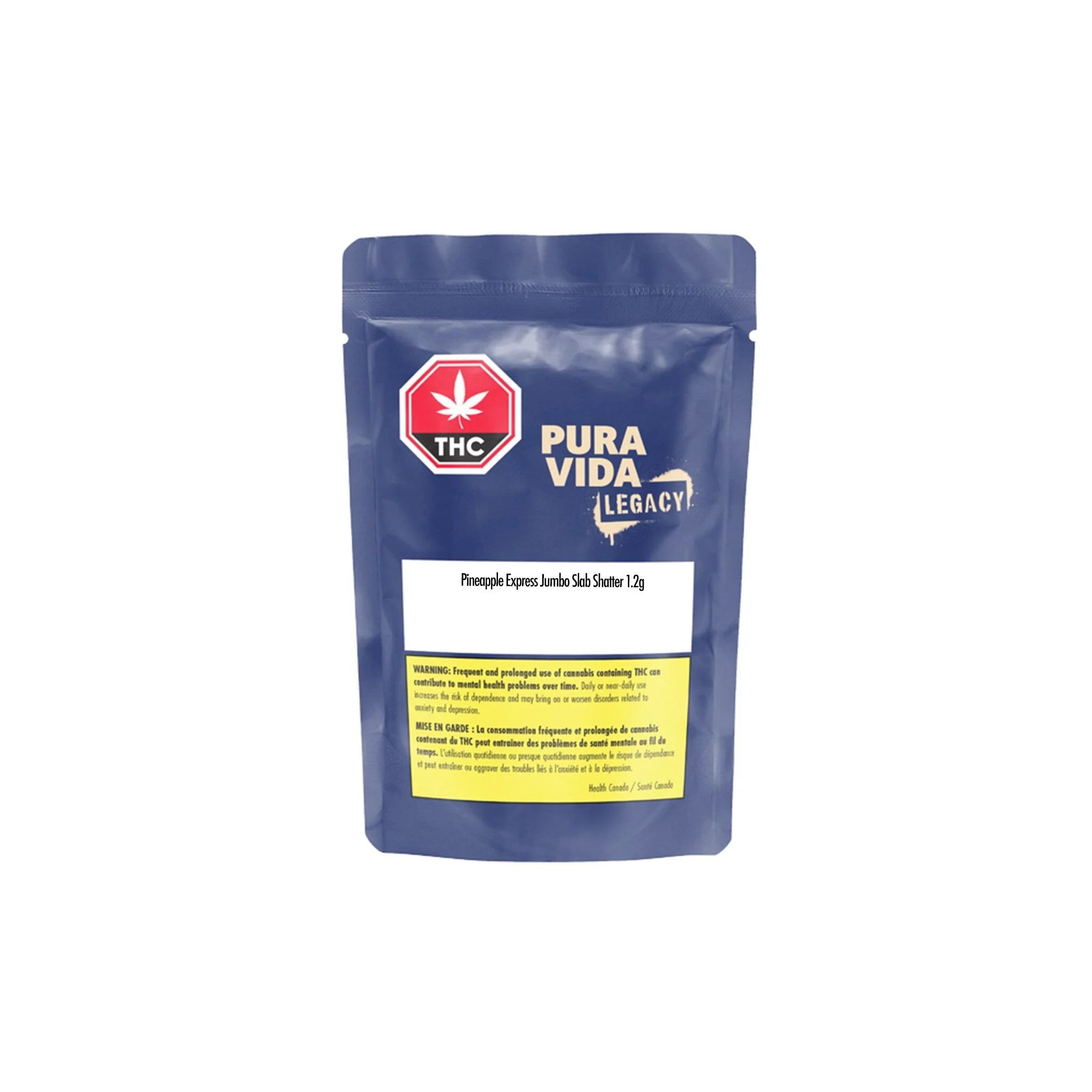 Navy blue stand-up pouch for Pura Vida Legacy Pineapple Express Jumbo Slab Shatter 1.2g, with a THC warning symbol.