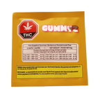 Gold foil Gummyz packaging pouch for Pink Grapefruit Gummies, showing a THC symbol and cannabinoid content table.