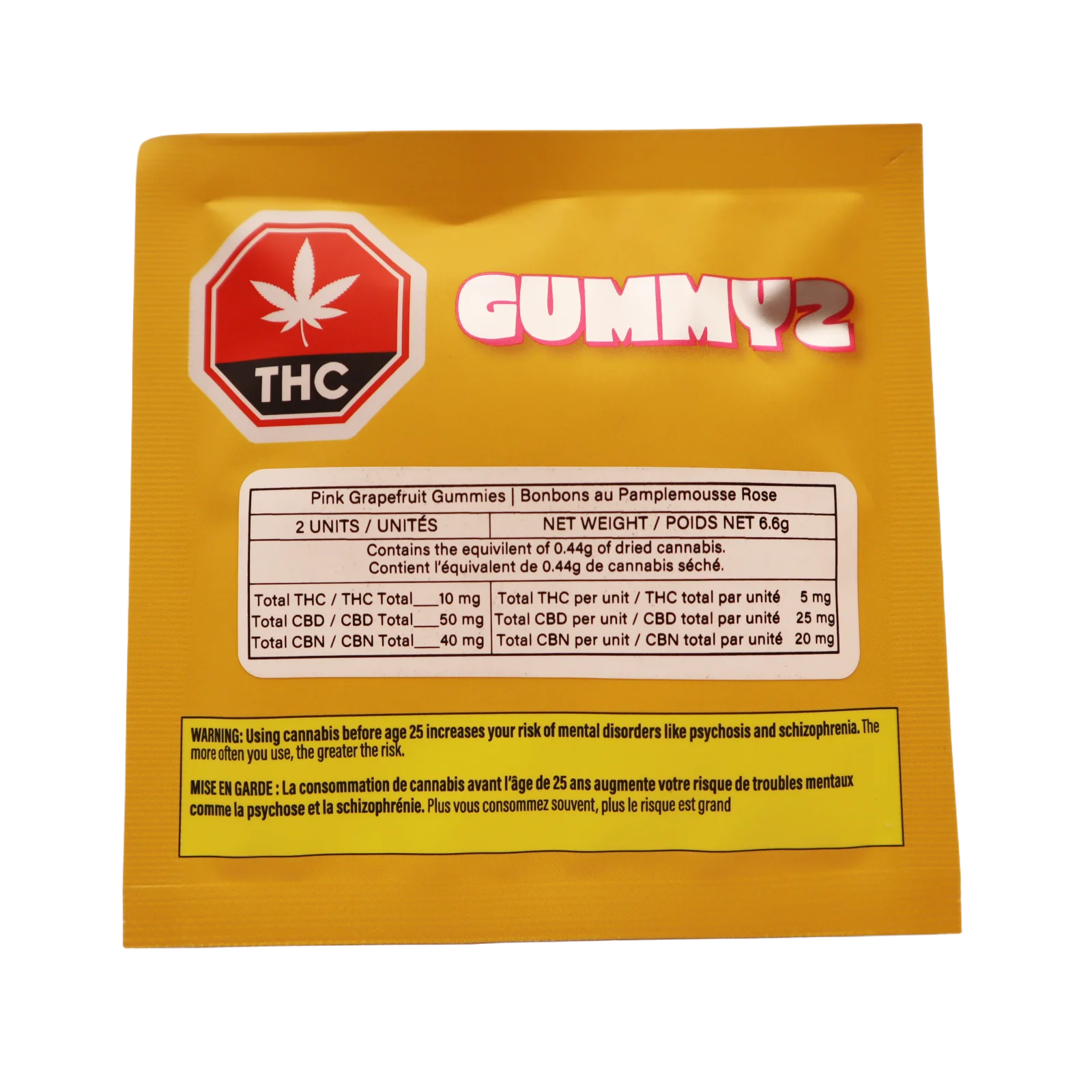 Gold foil Gummyz packaging pouch for Pink Grapefruit Gummies, showing a THC symbol and cannabinoid content table.