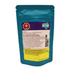 Teal stand-up pouch packaging for Potent Pete infused pre-rolls, showing THC symbol, RETRO logo, and product details on the back label.