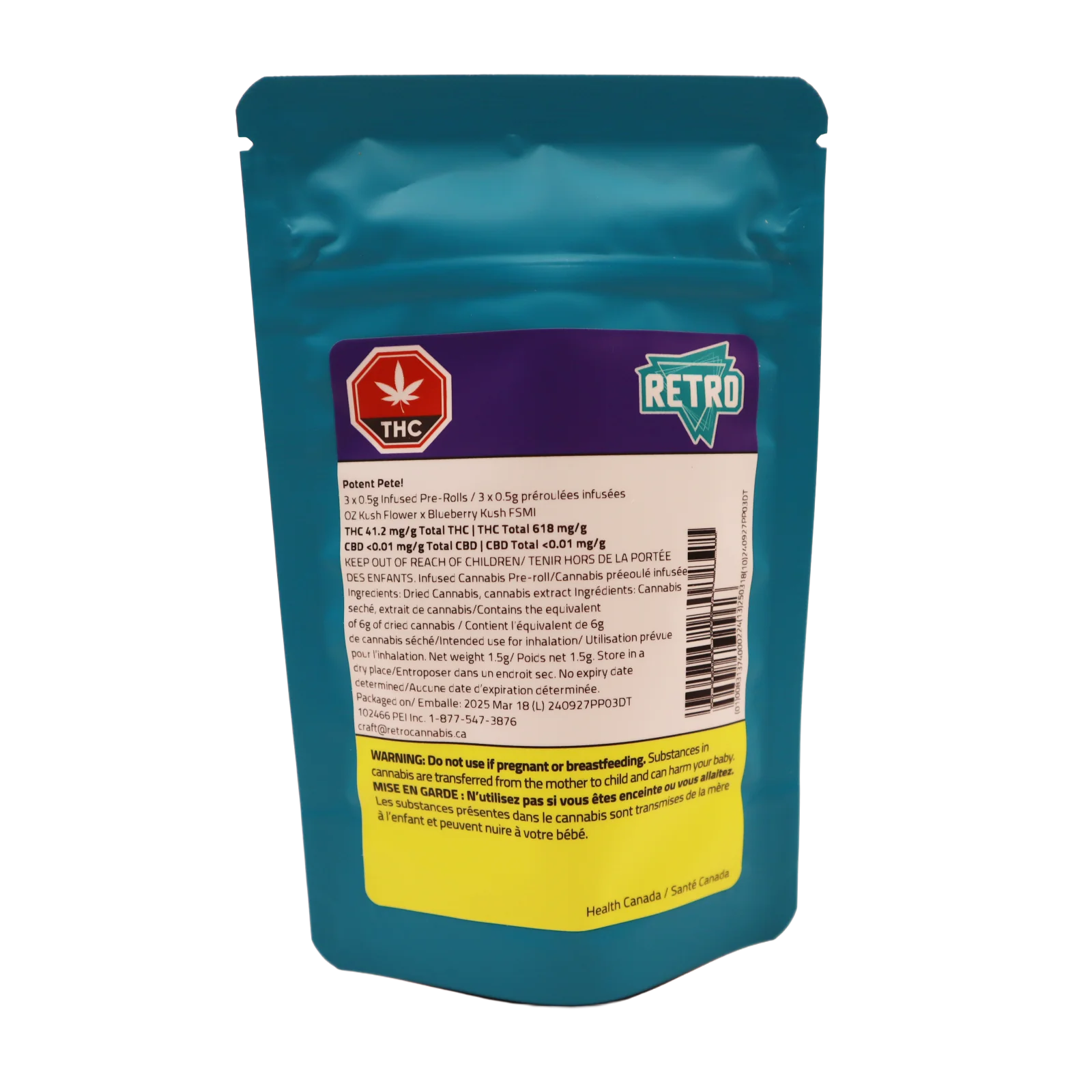 Teal stand-up pouch packaging for Potent Pete infused pre-rolls, showing THC symbol, RETRO logo, and product details on the back label.