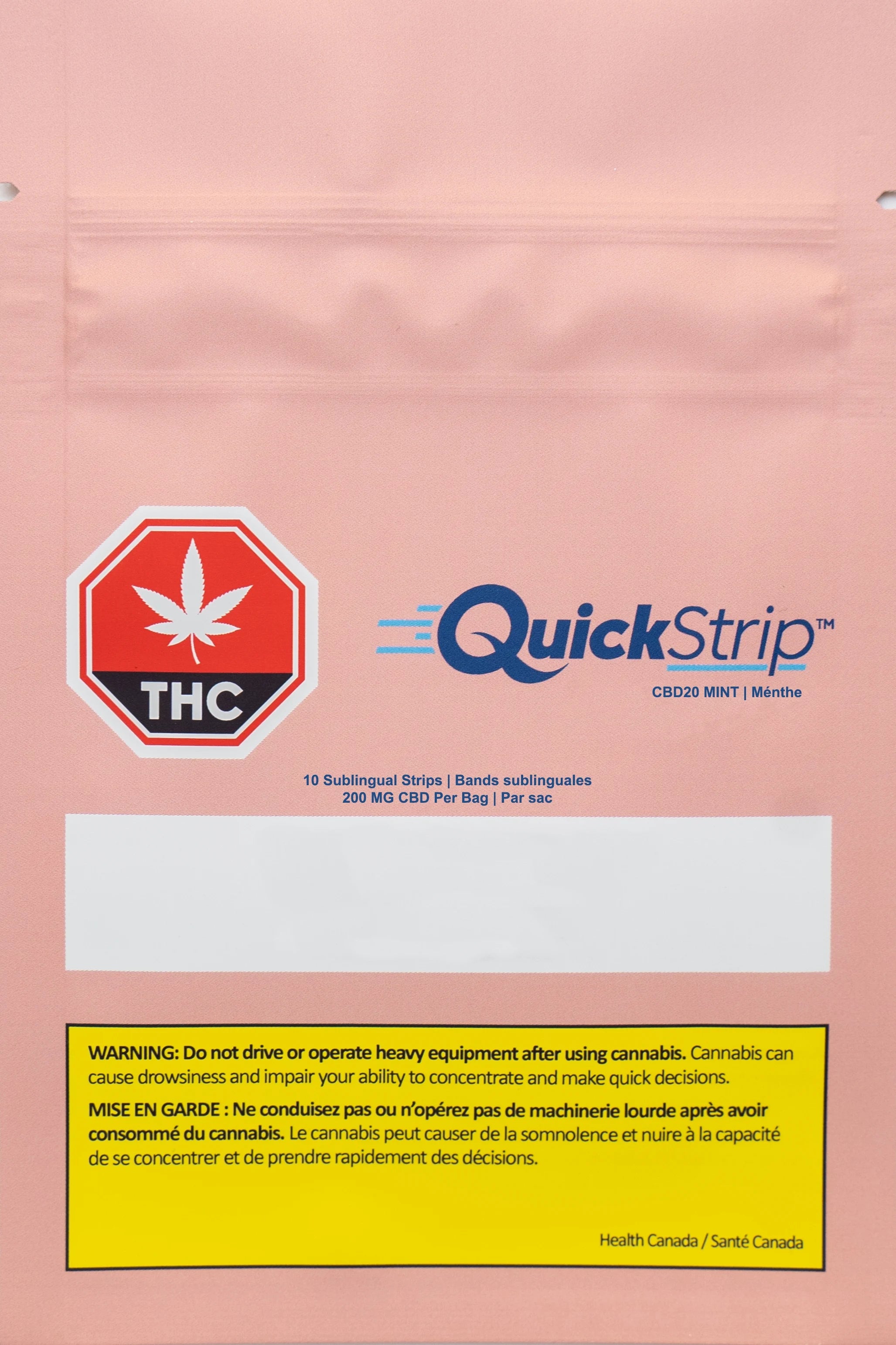 Pink QuickStrip CBD20 Mint pouch with a THC warning icon, listing 10 sublingual strips at 200mg CBD per bag and a Health Canada cannabis warning.