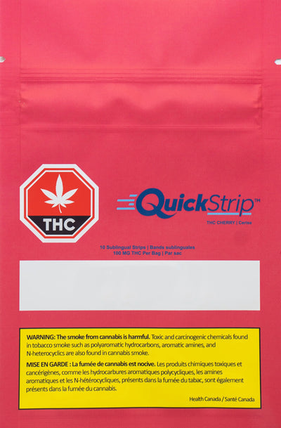 Pink resealable QuickStrip pouch labeled THC Cherry with THC symbol and 10 sublingual strips per bag