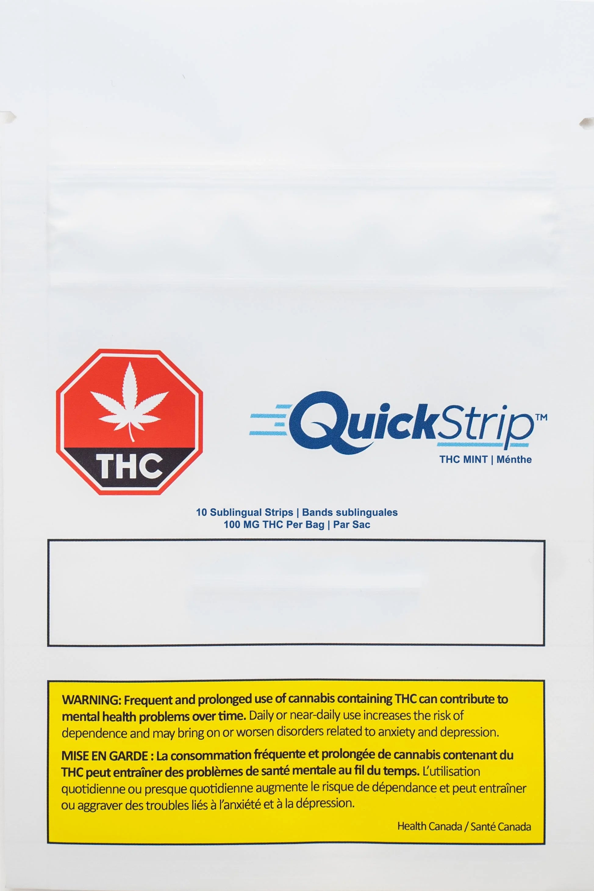 White QuickStrip pouch labeled THC Mint, showing the THC symbol and text for 10 sublingual strips totaling 100 mg THC per bag.