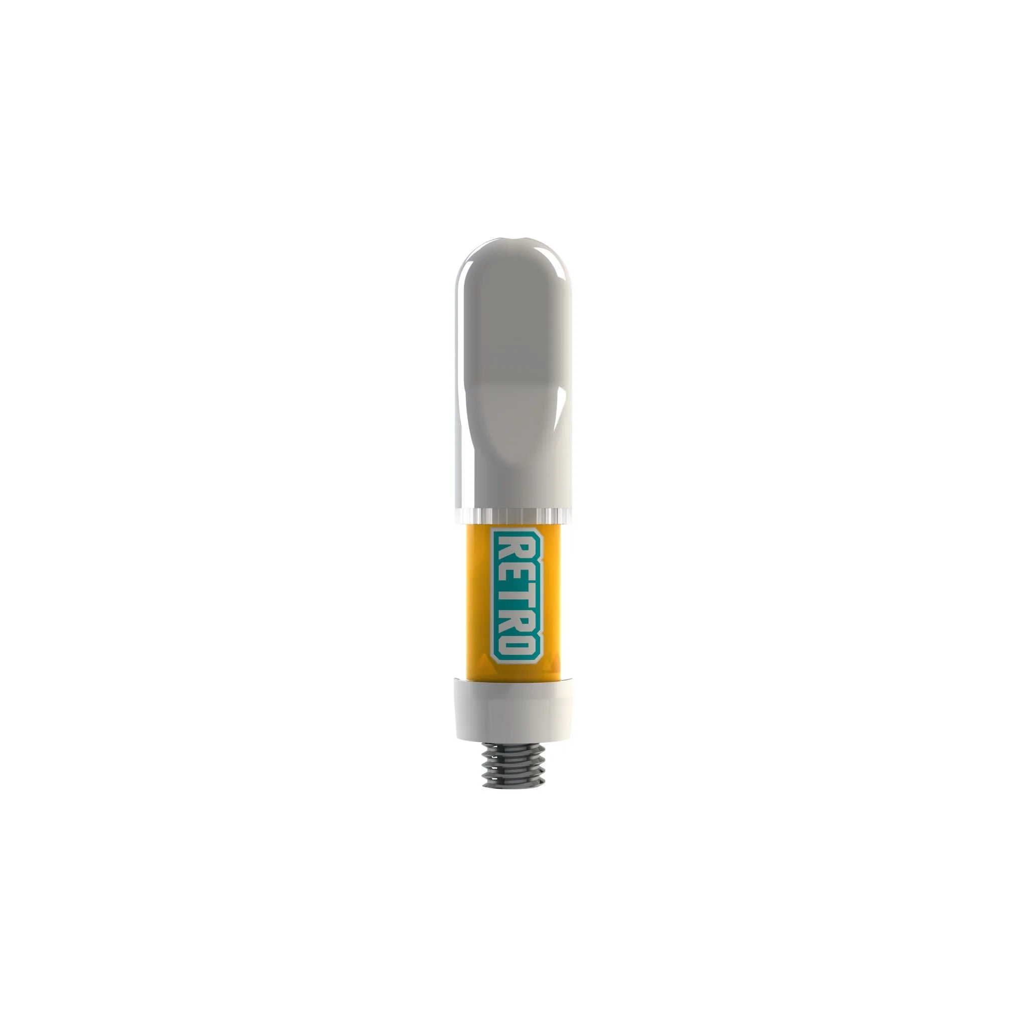 Vape cartridge with a gray mouthpiece and amber oil, labeled Retro on the cartridge body.
