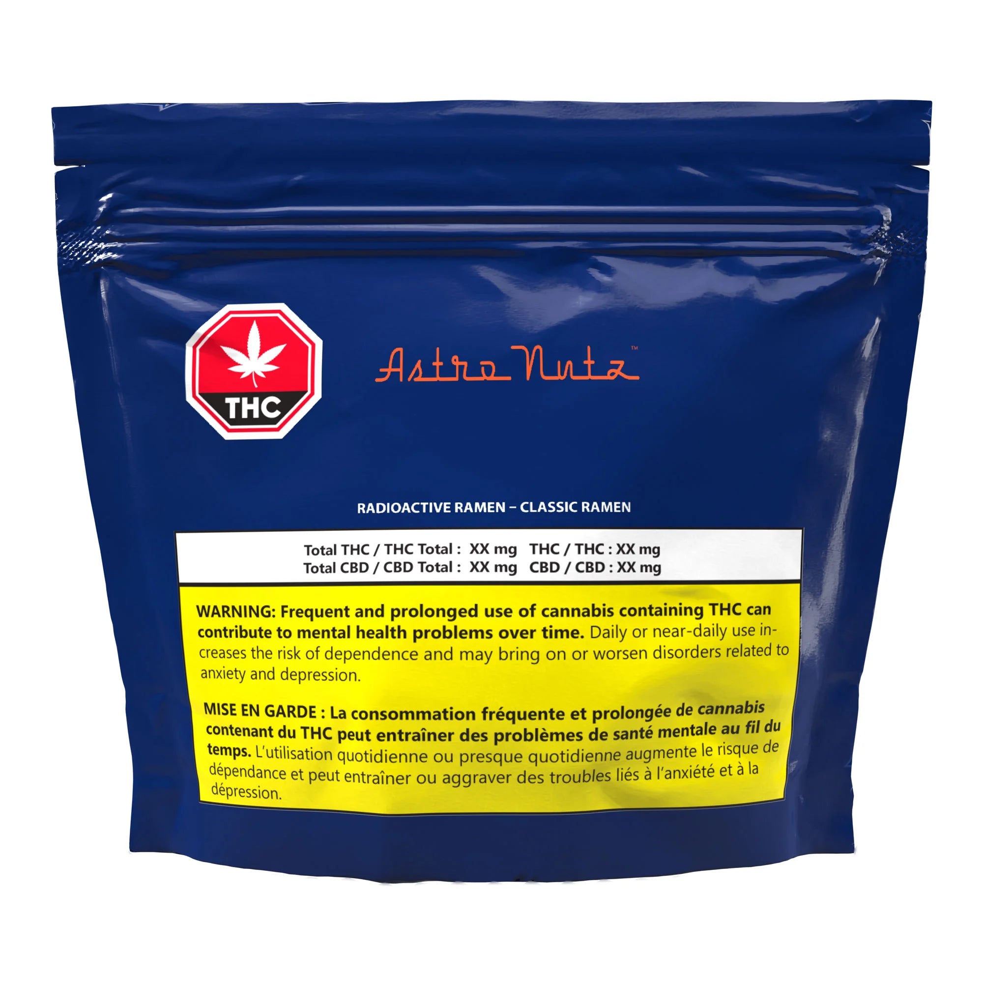 Navy blue resealable pouch for Astro Nutz Radioactive Ramen - Classic Ramen with THC symbol and cannabinoid content table.