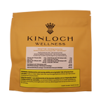 Back of the Kinloch Wellness Refresh CBG + CBD Mango Gummy Drop pouch showing the cannabinoid content table and bilingual health warning label.